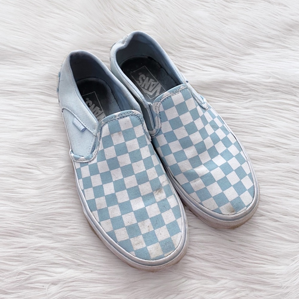 Vans Blue and White Checkered Slip-On Sneakers
